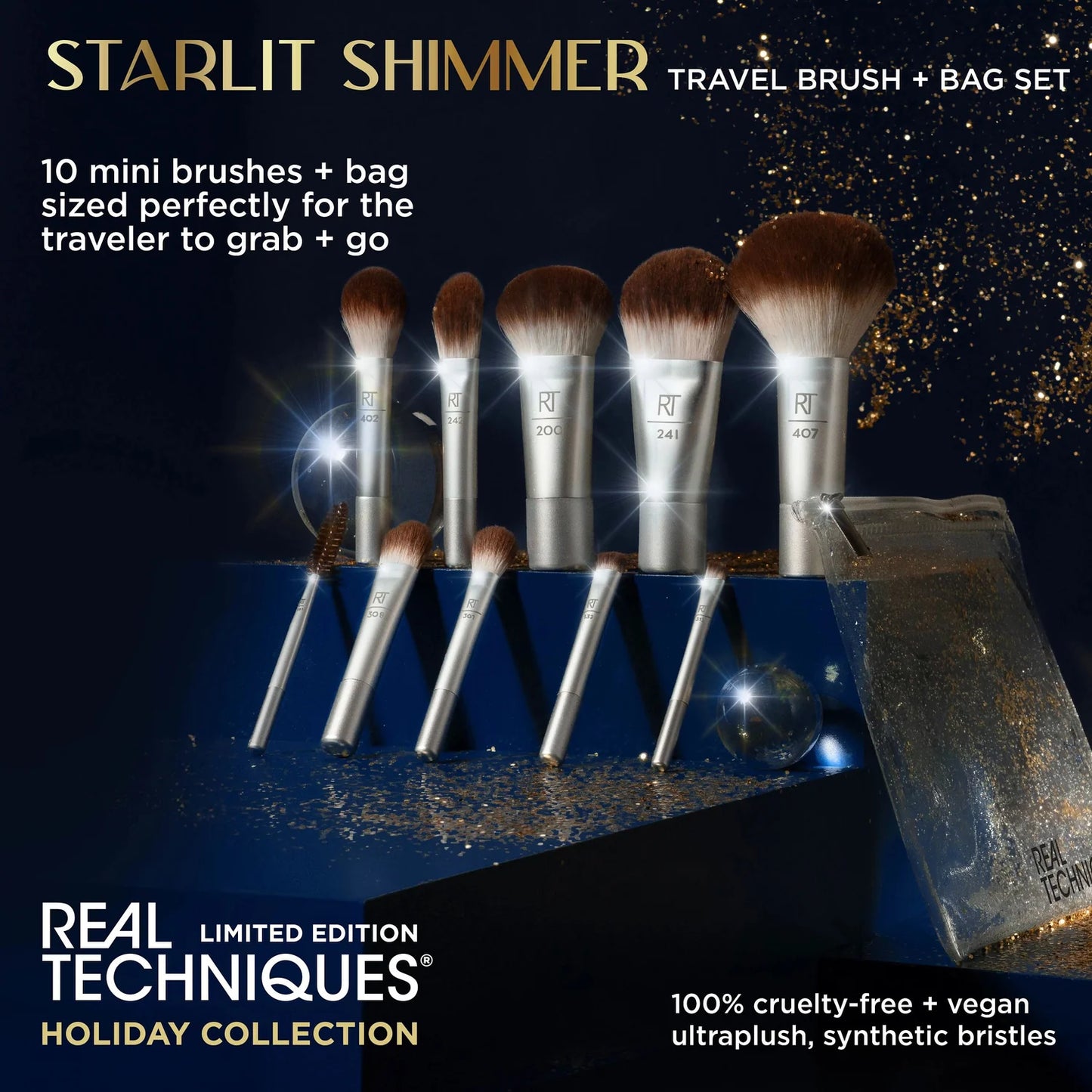 Real Techniques Starlit Shimmer Limited Edition Travel Brush + Bag Set